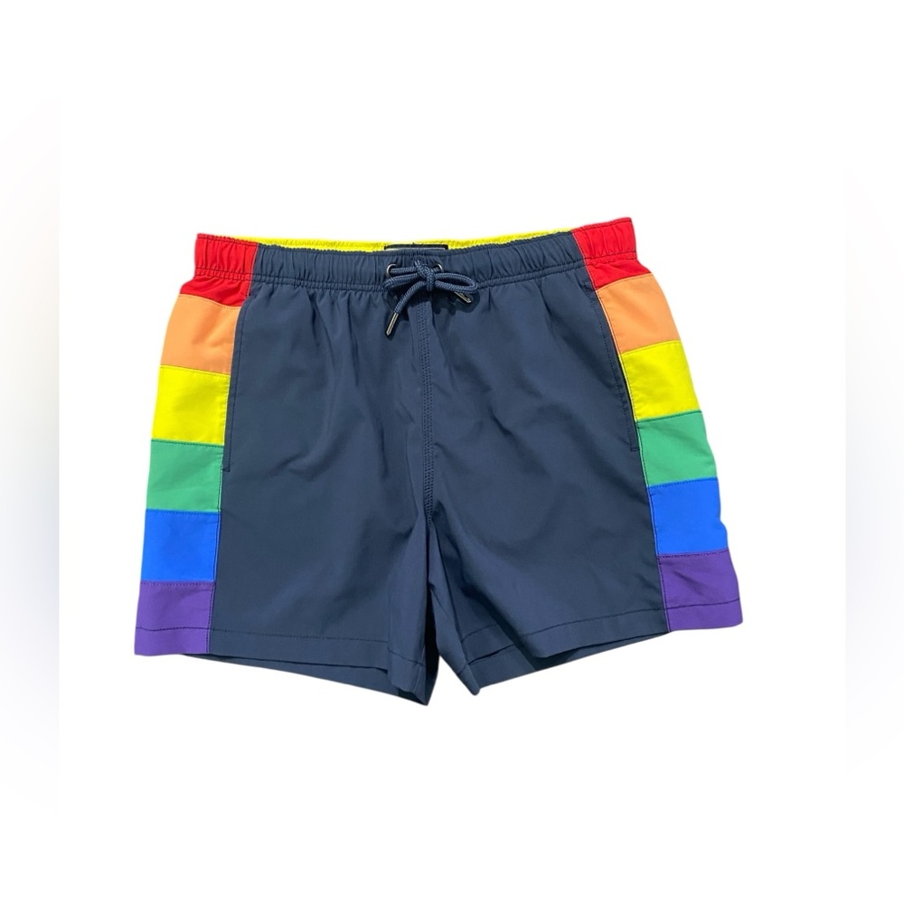 Ambercrombie & Fitch Navy Swim Shorts with Rainbow Side Panels Size Medium